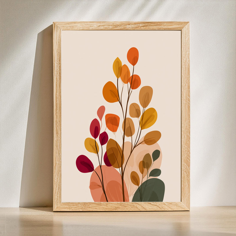 Minimalist botanical canvas wall art with autumn leaves motif, warm earth tones, horizontal for Thanksgiving dorm decor | Family Wall Decor