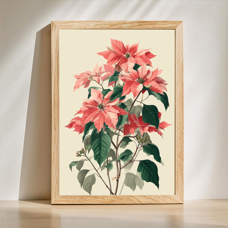 Minimalist poinsettias canvas wall art, dreamy oil painting portrait with red blooms and green leaves on a cream background | Family Wall Decor