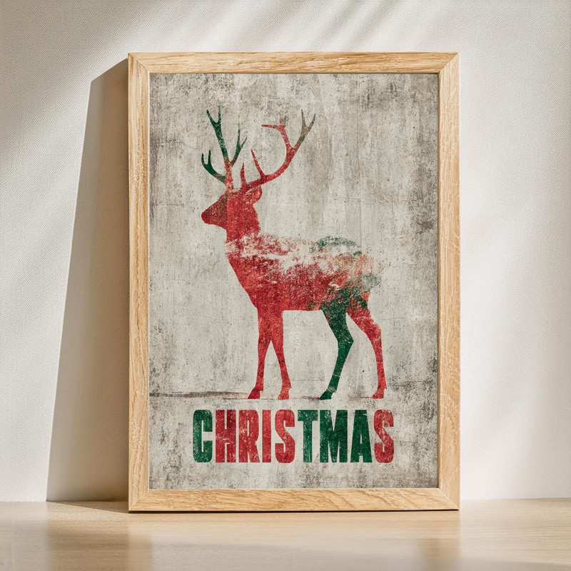 Minimalist reindeer Christmas canvas wall art, modern line silhouette on warm neutral background, festive dorm room decor | Family Wall Decor