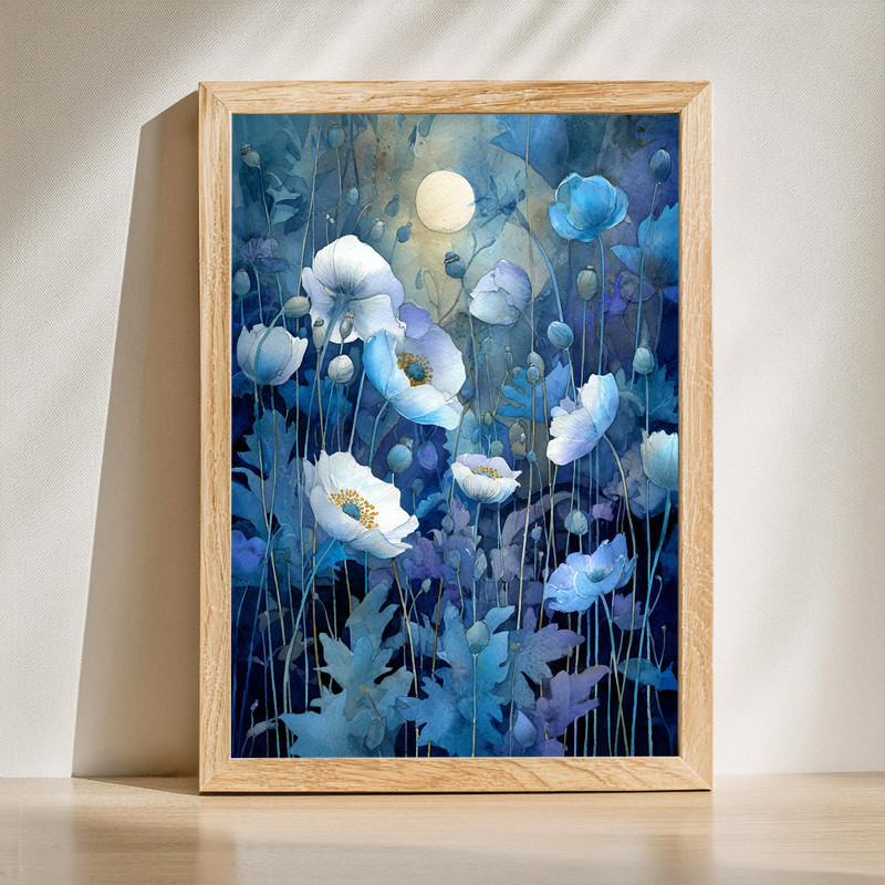 Moonlit night garden of anemones canvas wall art, indigo blossoms under soft glow, horizontal print for serene bedroom decor | Familywalldecor