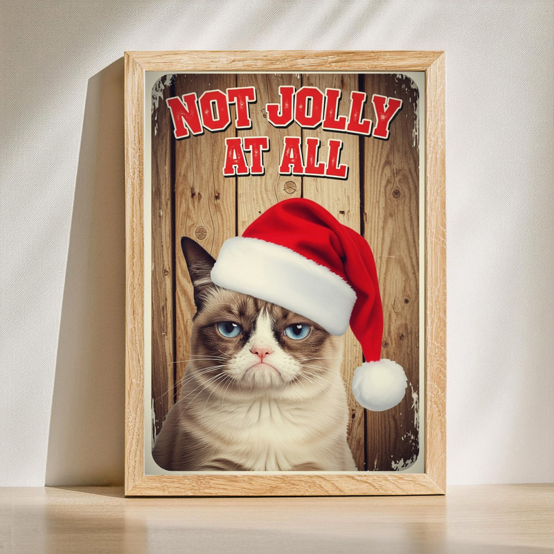 Not Jolly At All Christmas cat meme canvas wall art, grumpy feline humor for dorm decor, bold holiday text on wrapped canvas | Familywalldecor