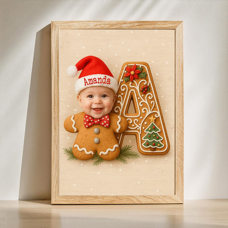 Gingerbread letter baby canvas wall art personalized with name and year, iced cookie initial for Baby’s First Christmas | Family Wall Decor