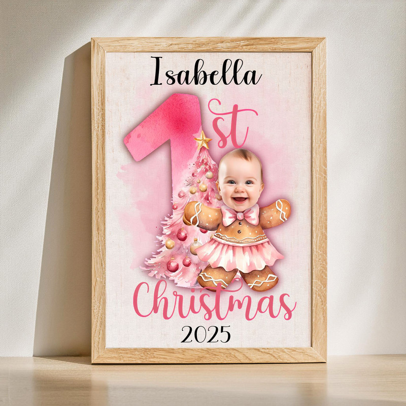Baby girl first Christmas canvas wall art with pink gingerbread ballerina, custom name and date, sweet nursery holiday decor | Familywalldecor