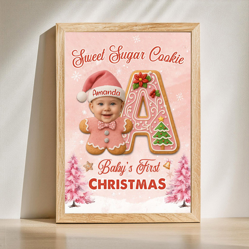 Baby pink gingerbread canvas wall art with sweet sugar cookie motif, personalized with baby name and date for first holiday | Familywalldecor