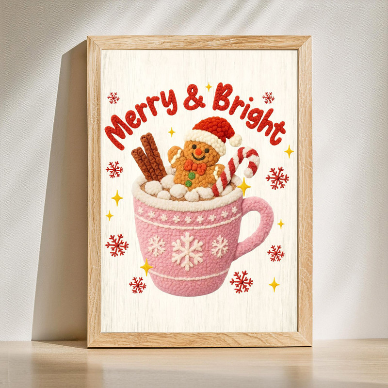 Christmas canvas wall art with personalized Merry & Bright quote and gingerbread mug, festive wall decor for kitchen coffee nook | Family Wall Decor