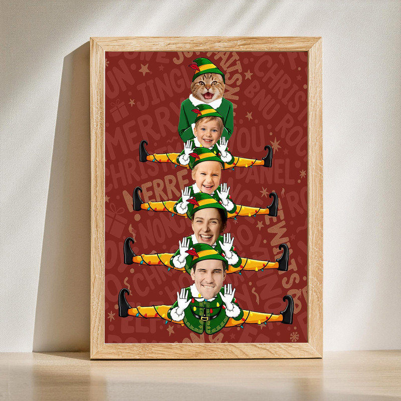 Elf family Christmas tree canvas wall art with personalized names and year, whimsical hats, snowy white background | Family Wall Decor
