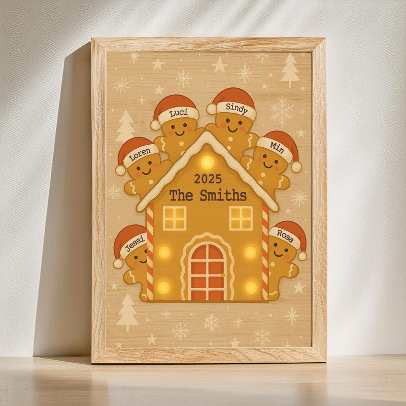 Gingerbread house family canvas wall art personalized with custom family name, Christmas decor for living room mantel | Family Wall Decor
