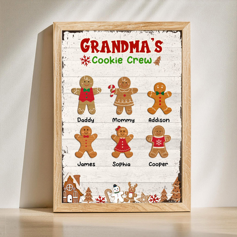 Gingerbread family Christmas canvas wall art, Grandma’s Cookie Crew personalized with grandkids’ names, cheerful holiday gift | Familywalldecor