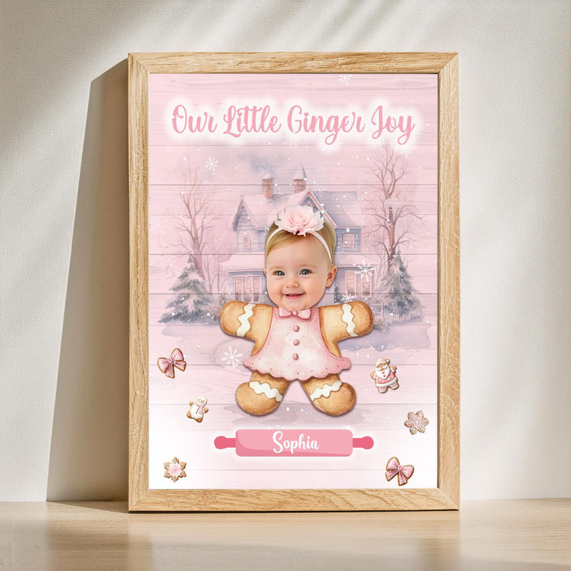Personalized pink gingerbread Christmas canvas wall art with custom face, cute little girl keepsake gift for daughter | Familywalldecor