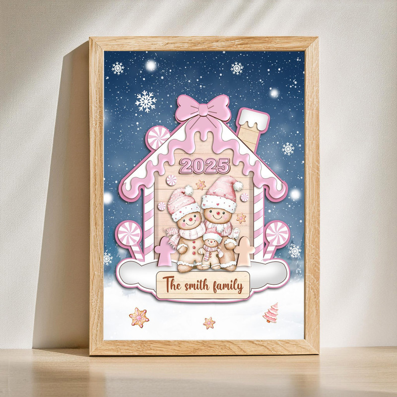 Pink gingerbread family canvas wall art with custom names, cute Christmas decor for living room mantel or entryway wall | Familywalldecor
