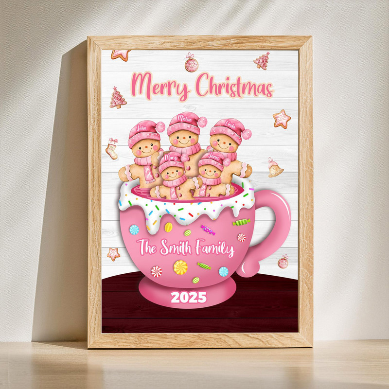 Pink gingerbread family cup Christmas canvas wall art, personalized with names and year, sweet holiday gift for families Pink gingerbread family cup Christmas canvas wall art, personalized with names and year, sweet holiday gift for families