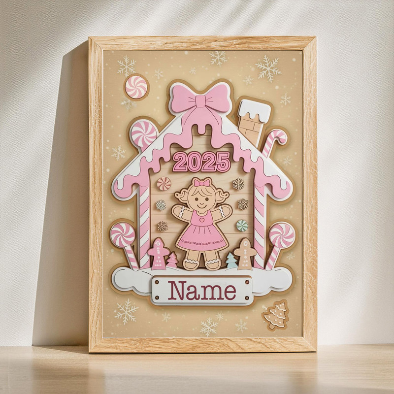 Personalized pink gingerbread canvas wall art with custom name, baby girl’s first Christmas nursery decor and keepsake | Family Wall Decor