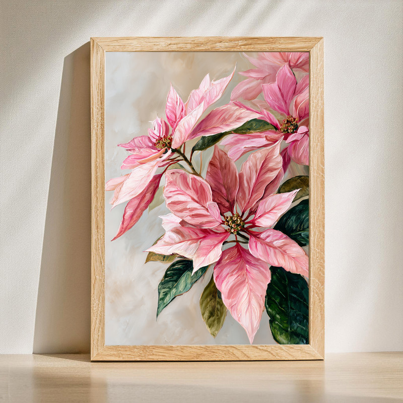 Pink poinsettias portrait canvas wall art, rustic fine art with textured brushstrokes and neutral ground, vertical orientation | Family Wall Decor