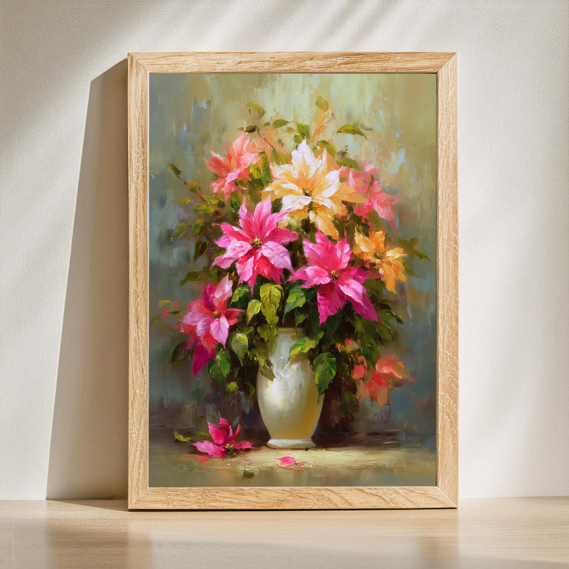 Poinsettias bouquet in vase realistic oil painting canvas wall art, red blooms, holiday still life decor for living room | Family Wall Decor