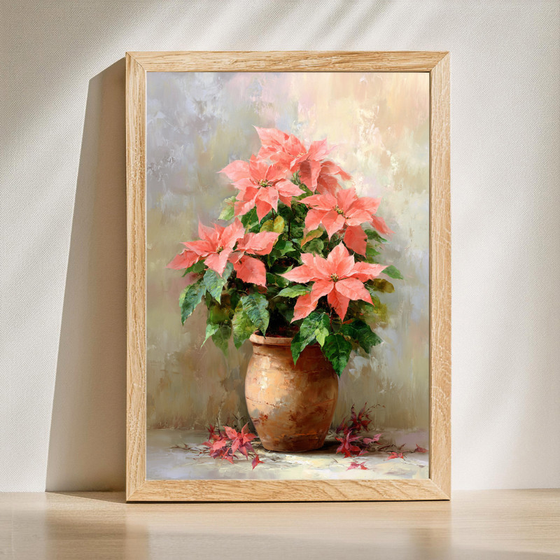 Poinsettias bouquet in vase canvas wall art, realistic oil painting with deep red blooms and green foliage for holiday decor | Family Wall Decor