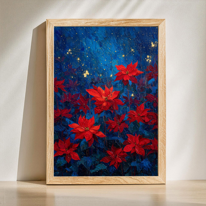 Poinsettias night garden canvas wall art, dreamy watercolor florals in rich crimson on midnight blue, moody botanical decor | Family Wall Decor