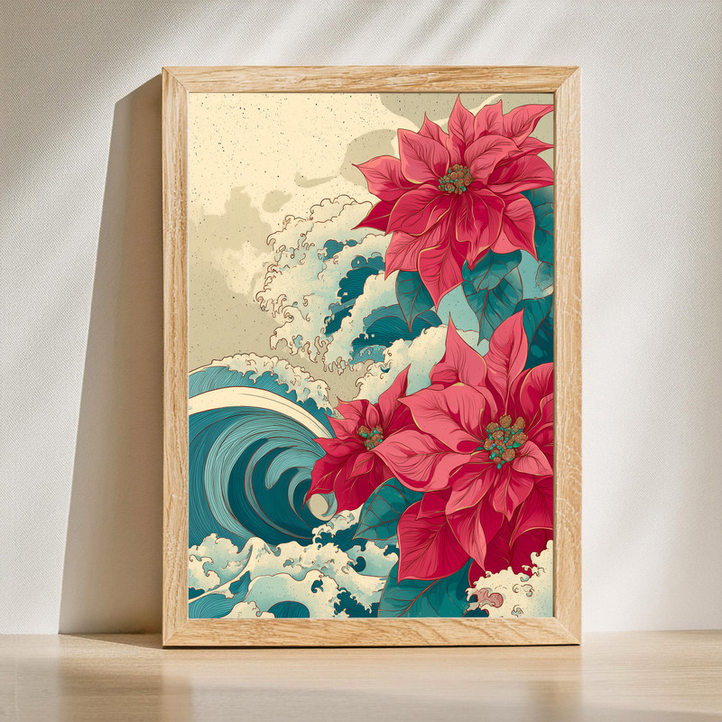Japanese-inspired poinsettias and ocean waves canvas wall art, crimson blossoms over deep indigo surf, horizontal | Family Wall Decor