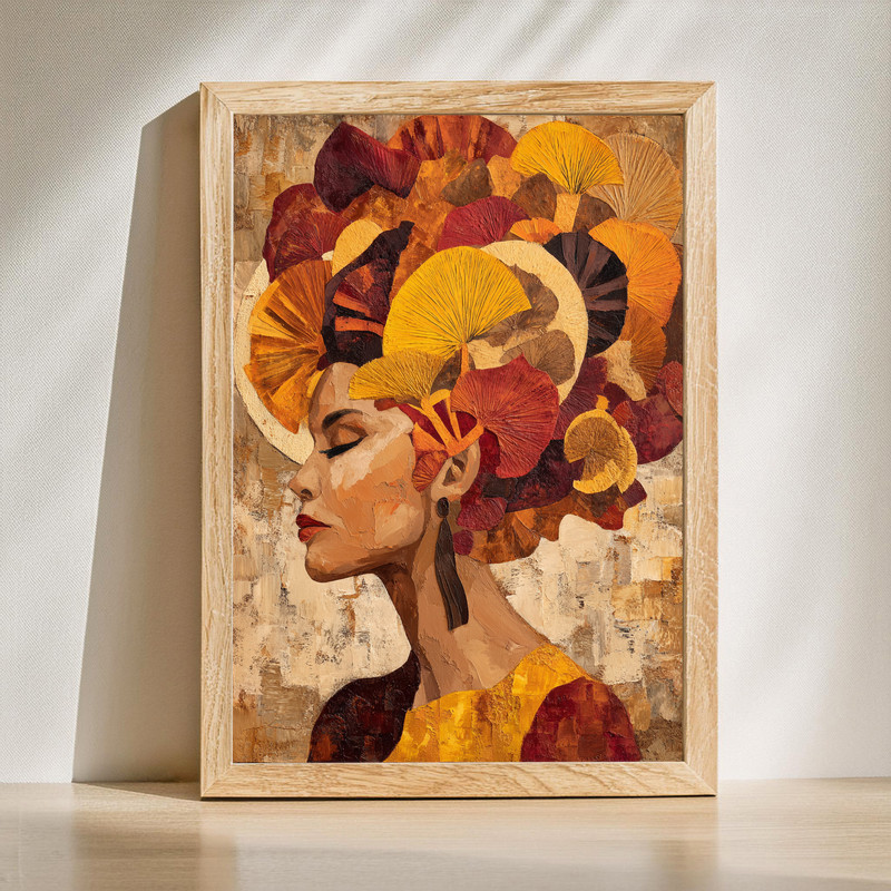 Portrait of a woman with an extravagant headdress canvas wall art in autumn hues, vertical orientation for fall dorm decor