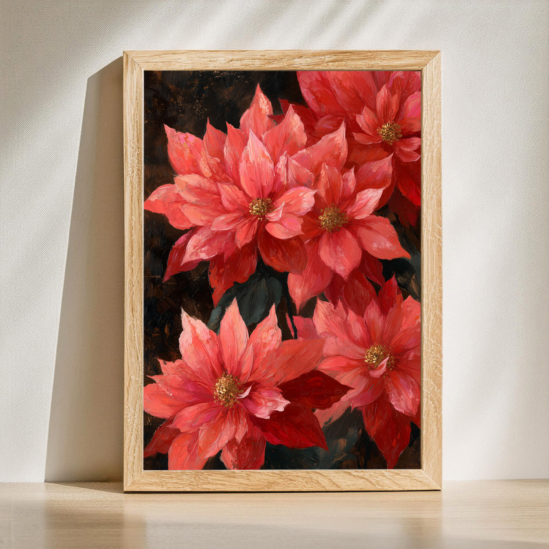 Red poinsettias portrait canvas wall art in rustic fine art style, vertical gallery-wrapped canvas with deep crimson petals