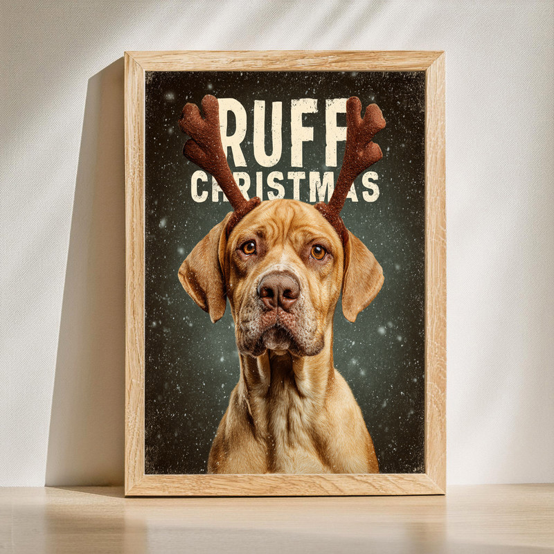 Ruff Christmas dog meme canvas wall art with a pup in a Santa hat and bold pun text, dorm room decor, landscape format | Familywalldecor