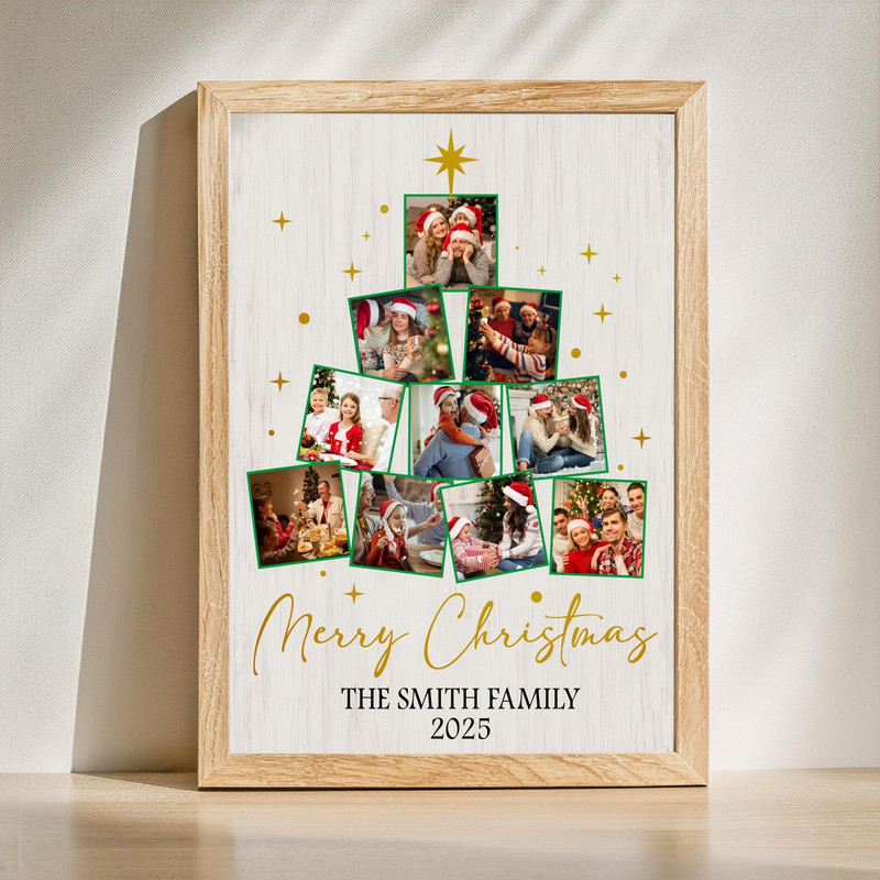 Rustic Christmas photo collage tree canvas wall art, personalized with name and year, wood background, ideal for living room | Familywalldecor