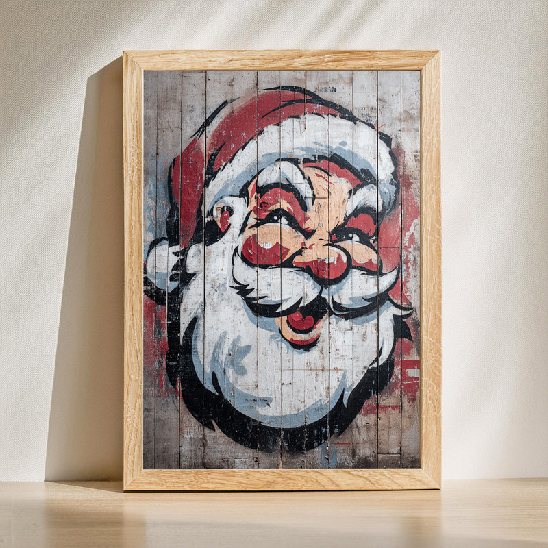 Santa Claus graffiti canvas wall art for dorm room, spray-painted Santa with bold tags on brick wall in urban holiday style Santa Claus graffiti canvas wall art for dorm room, spray-painted Santa with bold tags on brick wall in urban holiday style