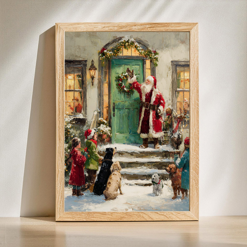Santa on the step with green door canvas wall art, snow-dusted porch and wreath, warm holiday glow for cozy living room decor | Familywalldecor