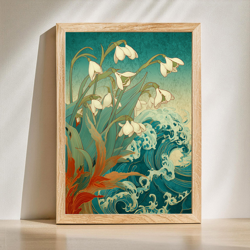 Snowdrops & Waves Harmony canvas wall art, coastal scene with white snowdrops and waves in blues, horizontal living room