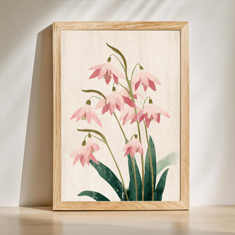 Soft blush snowdrops canvas wall art, vintage botanical print with delicate blooms on neutral canvas, portrait | Family Wall Decor