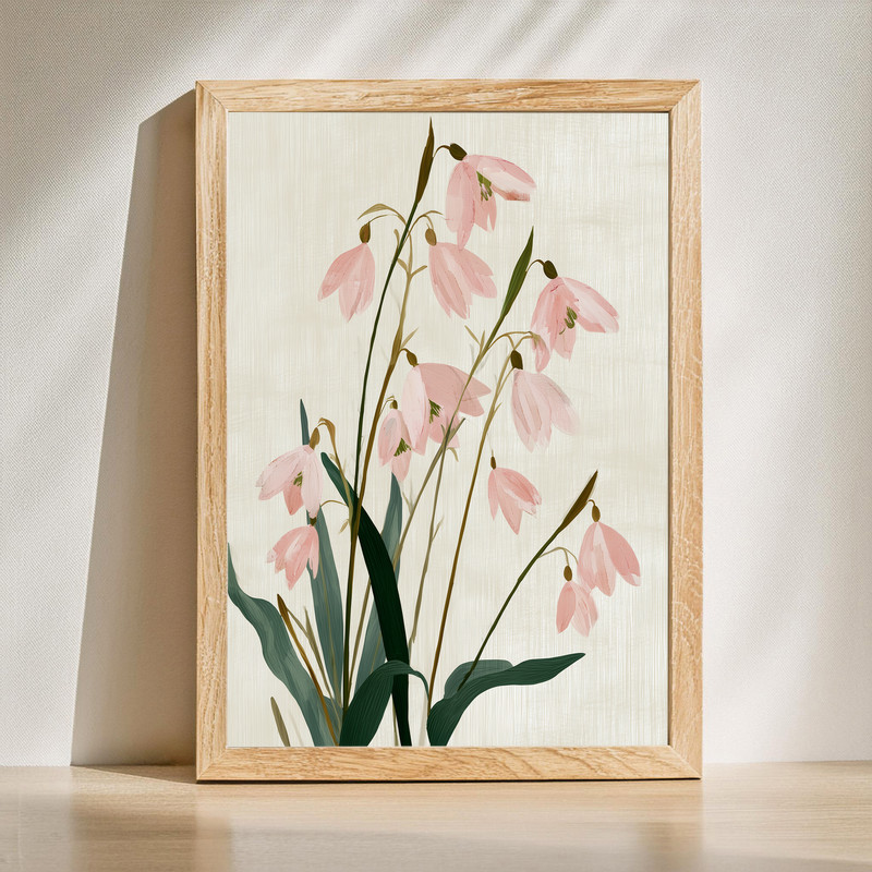 Soft blush snowdrops canvas wall art, vintage botanical print on canvas with aged paper texture, delicate florals for decor | Family Wall Decor