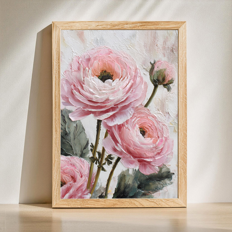 Dusty pink ranunculus canvas wall art, soft-focus bloom close-up on cream backdrop, gentle botanical print for bedroom decor. | Family Wall Decor