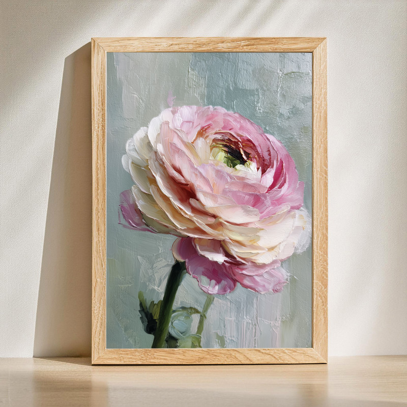 Dusty pink ranunculi canvas wall art with a soft botanical study of layered petals and stems, calming floral accent for living rooms | Family Wall Decor