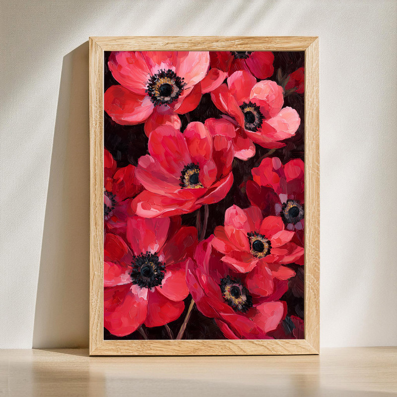 Red and pink anemone study canvas wall art with soft brushwork, gallery-wrapped portrait, single bloom on cream background | Family Wall Decor