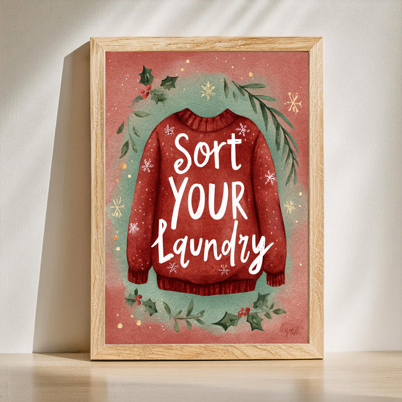 Holiday cheer canvas wall art for laundry room with 'Sort Your Laundry' quote and festive red and green typography, seasonal decor | Familywalldecor
