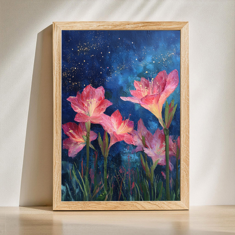 Starry Night Amaryllis Garden canvas wall art with swirling stars over red blooms, magical oil painting in landscape view | Family Wall Decor