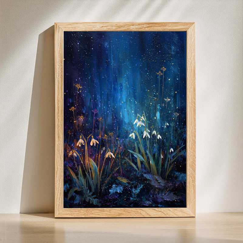 Starry snowdrops garden canvas wall art, magical night oil painting of glowing white flowers beneath an indigo star-filled sky | Familywalldecor