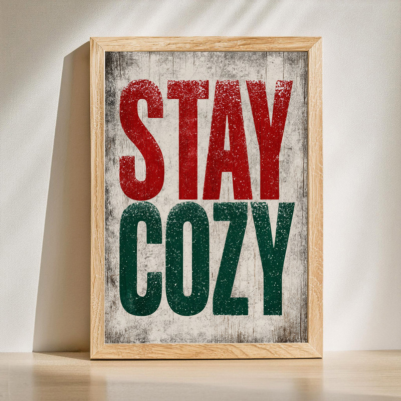 Christmas canvas wall art with 'Stay Cozy' in rustic red and green on a snowy backdrop, for cozy dorm room holiday decor | Familywalldecor