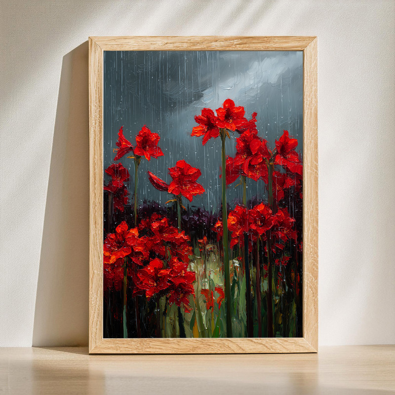 Stormy rain amaryllis canvas wall art, dramatic oil painting with textured brushstrokes and moody tones, vertical orientation | Family Wall Decor