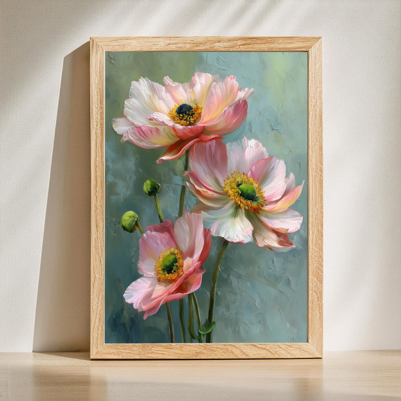 Strength In Bloom canvas wall art, pink anemone portrait with blush petals and dark center on neutral background, vertical | Family Wall Decor