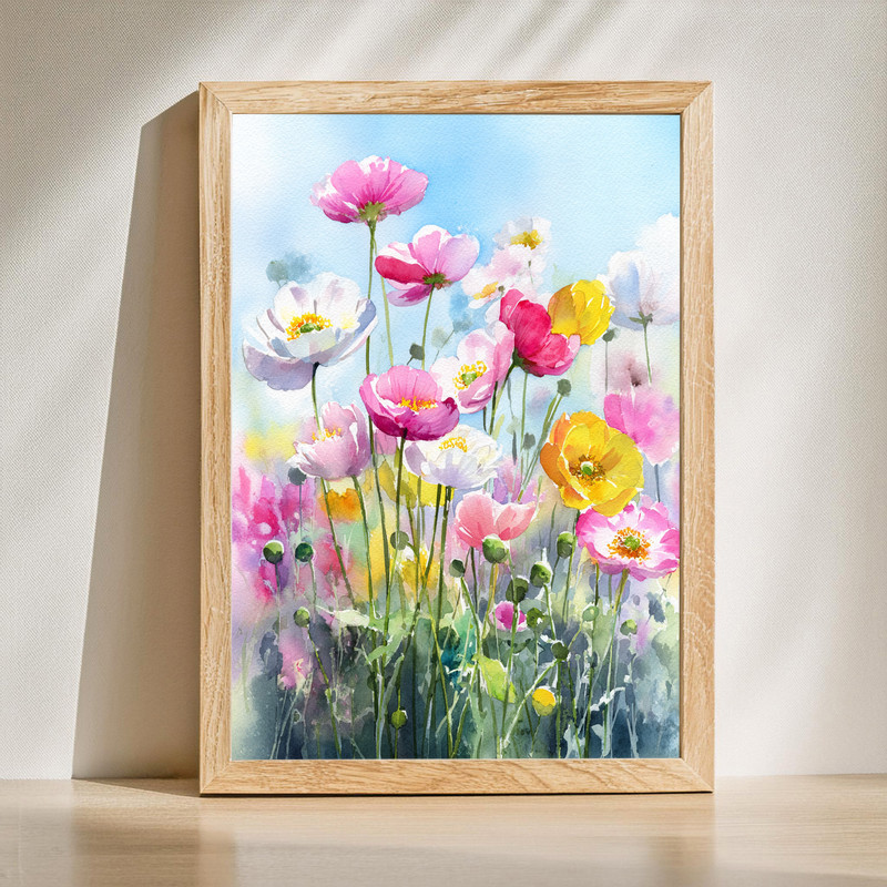 Sunlit anemone garden canvas wall art with radiant petals and dappled light, painterly blooms in a tranquil floral landscape | Familywalldecor