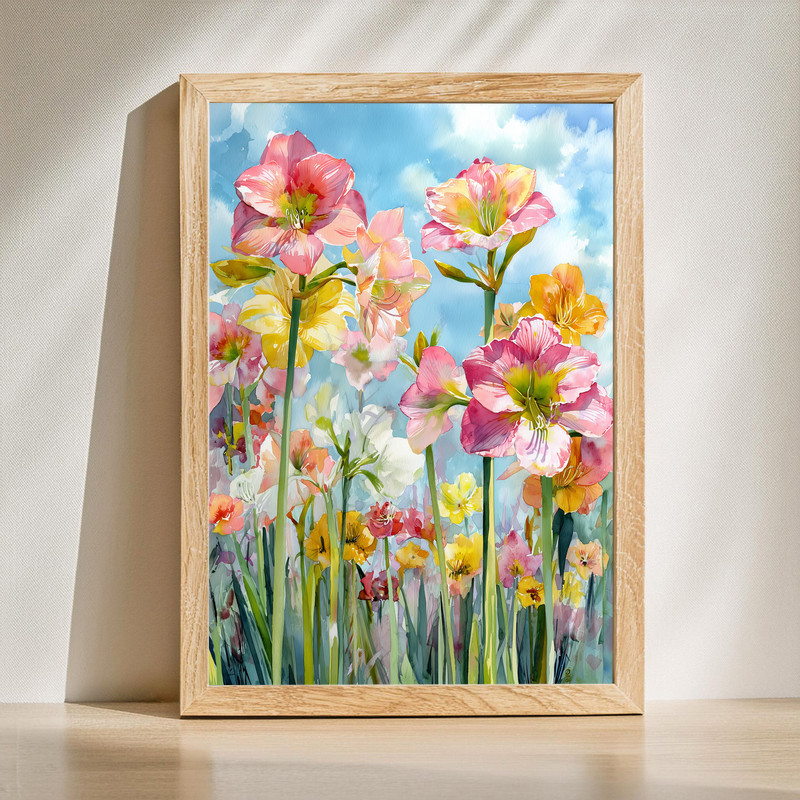 Sunny Day Amaryllis Garden canvas wall art, vibrant watercolor blooms and sunlit foliage on textured gallery-wrapped canvas | Familywalldecor