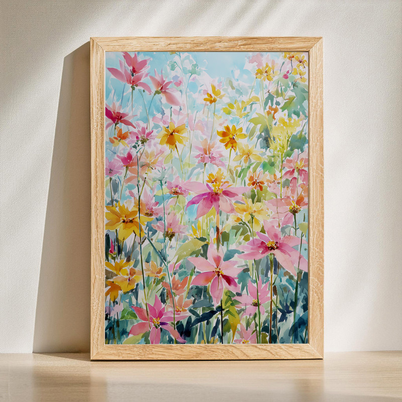 Sunny day poinsettias garden canvas wall art in vibrant watercolor, red blooms and lush green leaves glowing in warm light | Family Wall Decor