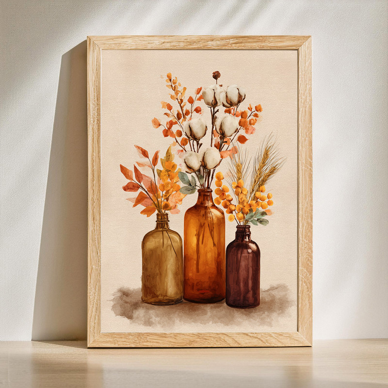 Thanksgiving watercolor amber bottles canvas wall art with fall florals, landscape layout for laundry room decor | Familywalldecor