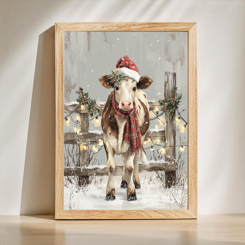 Whimsical farmhouse Christmas cow canvas wall art with red buffalo plaid backdrop and Santa hat for dorm room decor | Family Wall Decor