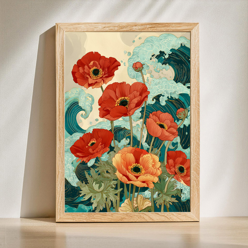 Anemones and waves canvas wall art with fluid, abstract brushstrokes and calming blue tones, perfect for serene coastal decor. | Family Wall Decor