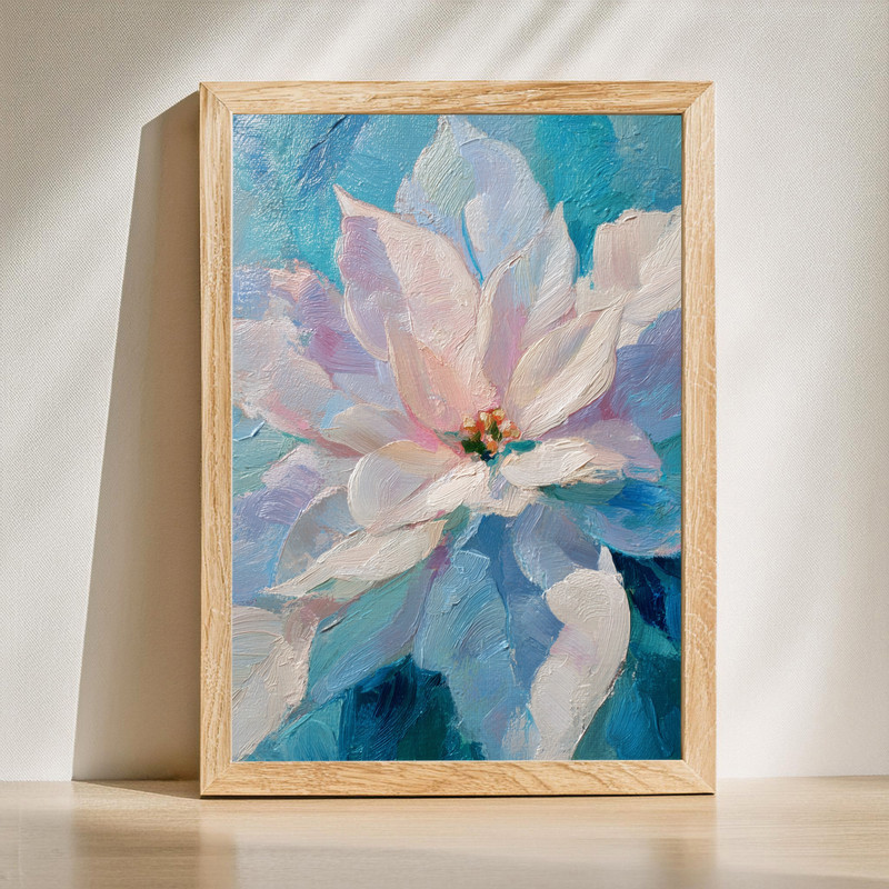 White poinsettias portrait canvas wall art, dreamy oil painting with soft brushstrokes and lush green leaves, vertical | Family Wall Decor