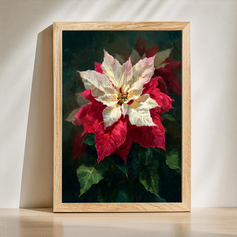 White and red poinsettias canvas wall art, rustic fine art portrait, festive floral accent for cozy living room decor | Family Wall Decor