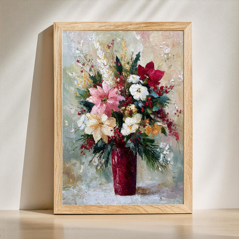 Winter vase canvas wall art featuring evergreen sprigs in a ceramic vase, elegant holiday accent for dorm room decor | Familywalldecor