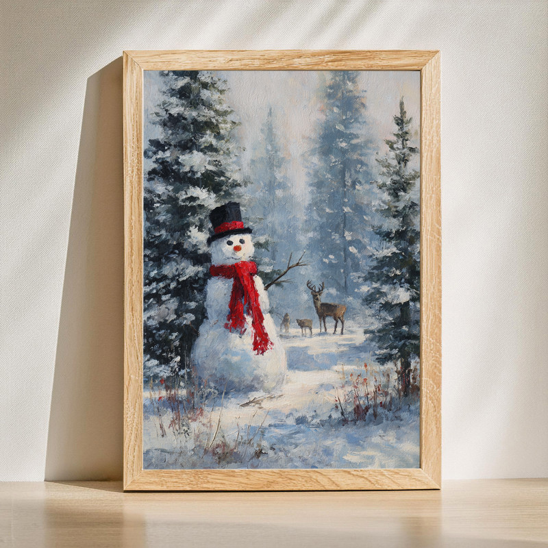 Woodland snowman canvas wall art featuring a cheerful snowman in a snowy evergreen forest, perfect for cozy living room decor. | Familywalldecor