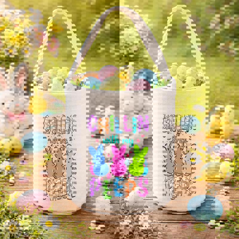 Chill Vibes Only Cute Bunny Peeps Easter Fabric Basket - Thegiftio